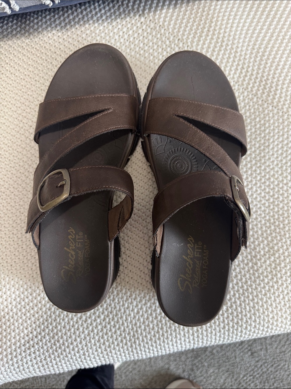 Skechers Women’s Dark Brown Two-Strap Buckle Slide Sandals